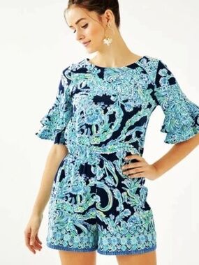Lilly Pulitzer Lula Romper in the High Tide Navy Scuba Doo print Size M